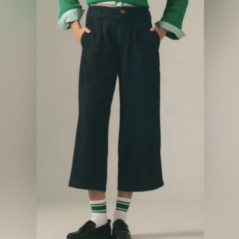 Anthropologie Maeve Remi High Rise Pleated Wide Leg Crop Denim Trousers Jeans 28